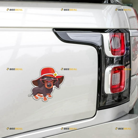Cute Dachshund Dog Red Hat Sunglasses Car Magnet Magnetic Sticker Decal - 2 Pack Glossy 4" - for Truck Door Fridge Reusable Waterproof