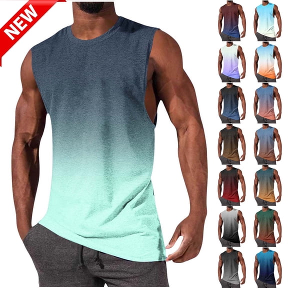 Tqyyweavej Gradient Muscle Shirts for Men Print Sleeveless Color Block Shirts Workout Crew Neck Baggy Tank Tops Men Size S to 2XL