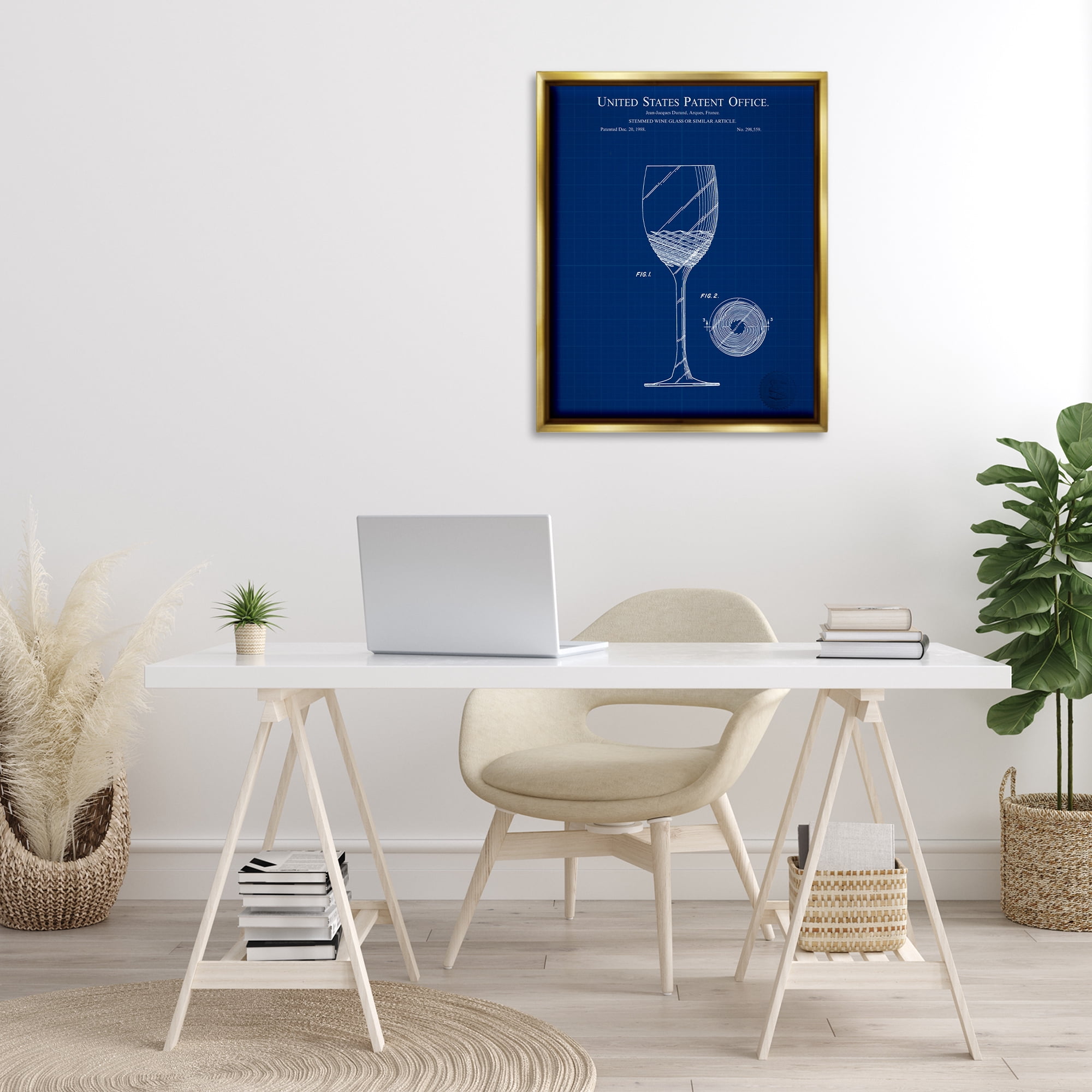 Stupell Industries Wine Glass Blueprint Typography Painting Gold Floater Framed Art Print Wall Art, 25 x 31