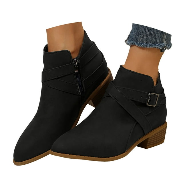 Leozcaa Women's Chunky Low Heel Ankle Boots Classic Pointed Toe Side Zipper Winter Fall Short Booties