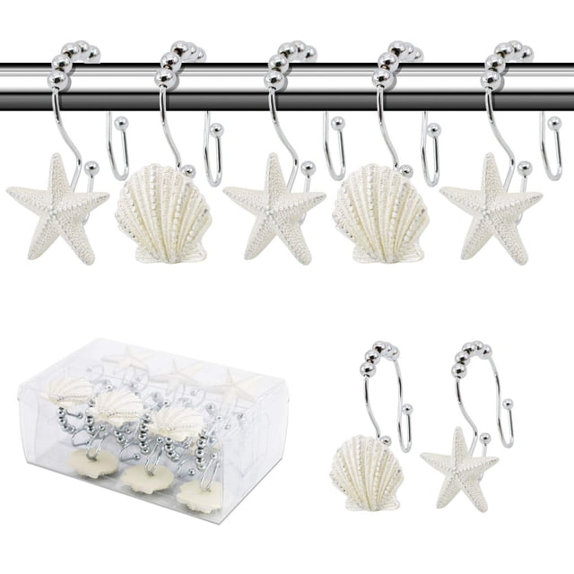 BEAVO Seashell Ganchos para cortina de ducha, 12 piezas de doble rodillo deslizante de acero inoxidable resistente al óxido, anillos decorativos para cortina de ducha para baño, habitación de bebé, do