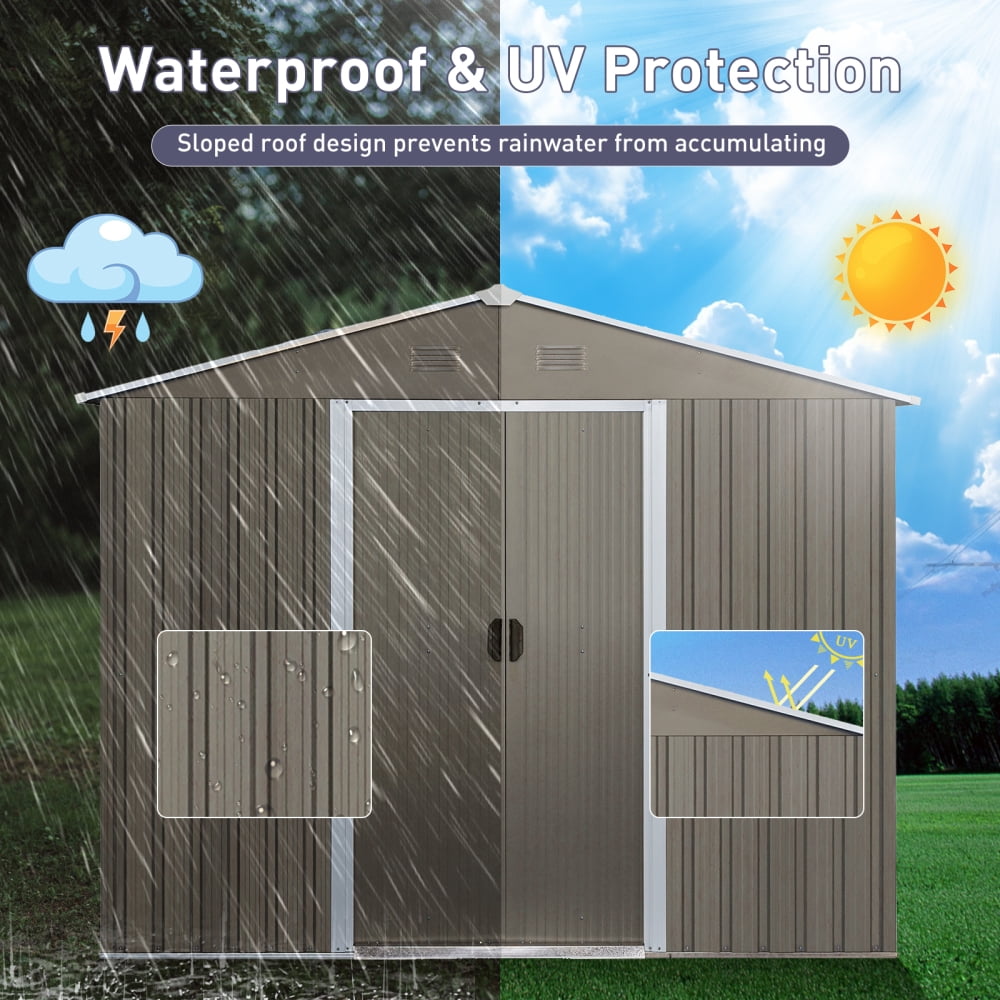 Ventilated 8x6 FT Outdoor Tool Shed - Features Window, Sliding Doors with Padlock & Galvanized Steel Construction