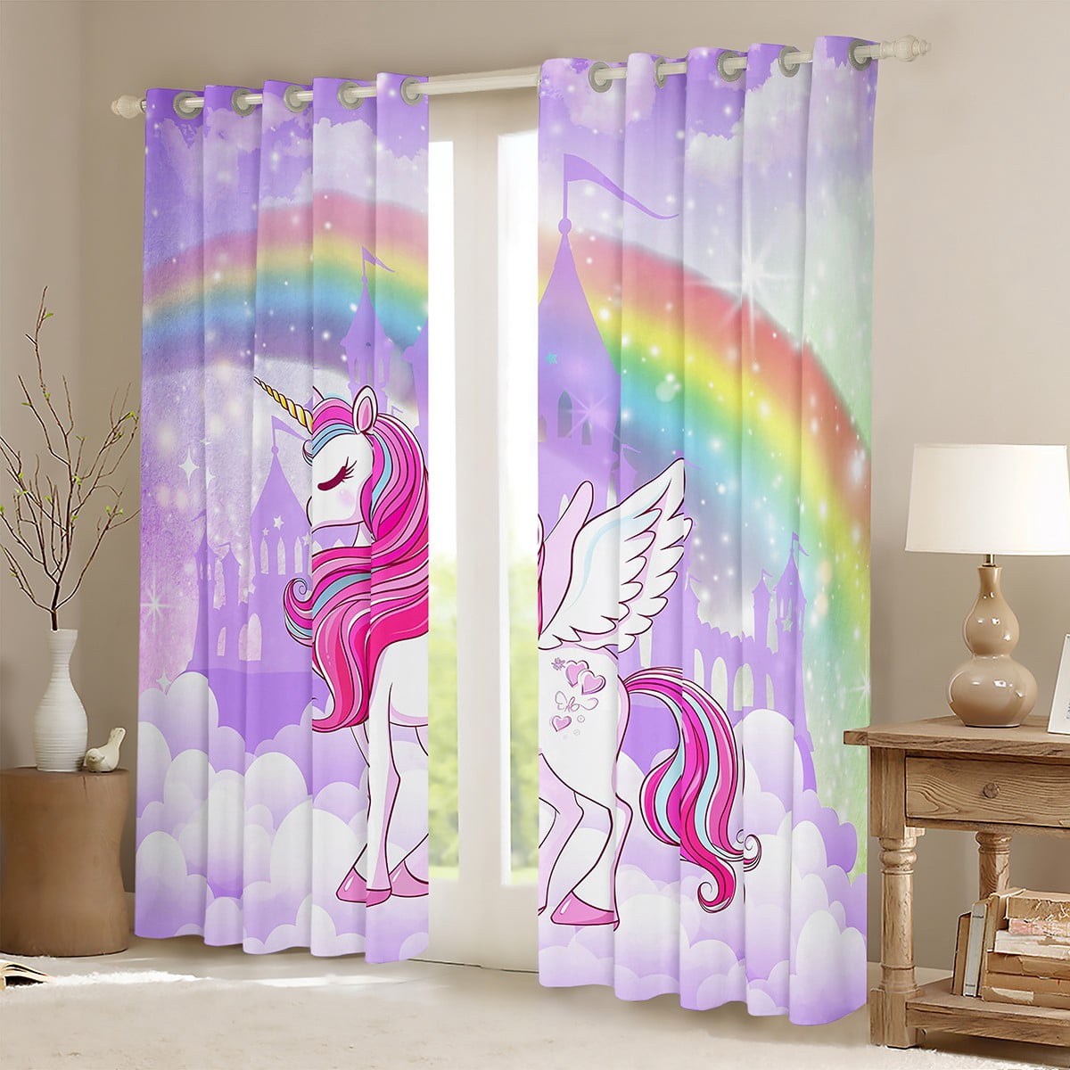 Erosebridal Chic Unicorn Curtains for Living Room,Cartoon Rainbow Blackout Curtains Set of 2(42x63),Fairy Castle Silhouette Curtains and Drapes(42x63) For Girls,Breathable Room Decoration