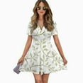 thumbnail image 2 of Elegant Olive Leaf Pattern Women Dress V-Neck Short Sleeve Flowy Swing Party Midi Dress, 2 of 4