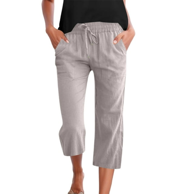 Pantalones 3/4 de mujer de color liso en mezcla de lino - Cintura con cordón y bolsillos - Ligeros para el verano - Ajuste regulable - Tallas S-XXXL