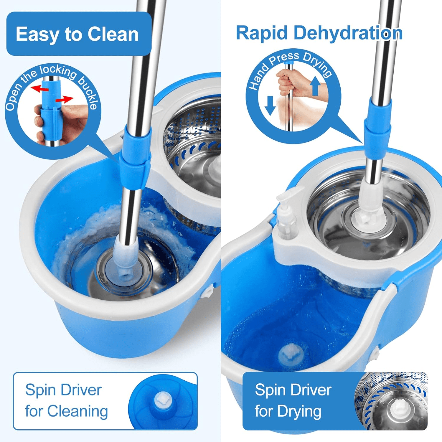 Mop Buckets Set for Floor Cleaning 360° Spin Wringer Separate Dirty Water  with 3 Replaceable Microfiber Mop Head Wet and Dry Suitable for Office and