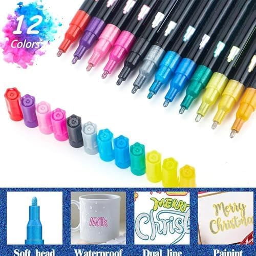 Glitter Outline Paint Markers, Double Line Outline Art Pen Marker Pen, Painting Markers with Vibrant Colors, Dreamy Sparkle Dual-Line Contour Pen for Greeting Cards, DIY Crafts (24pcs)