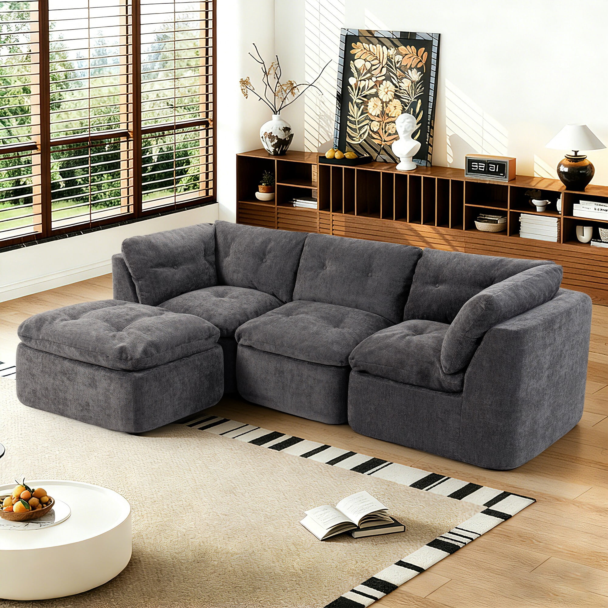 DEALTOPS 111" Modular Sectional Sofa with Ottoman, 4-Seat Convertible Chenille Cloud Couch, Dark Gray