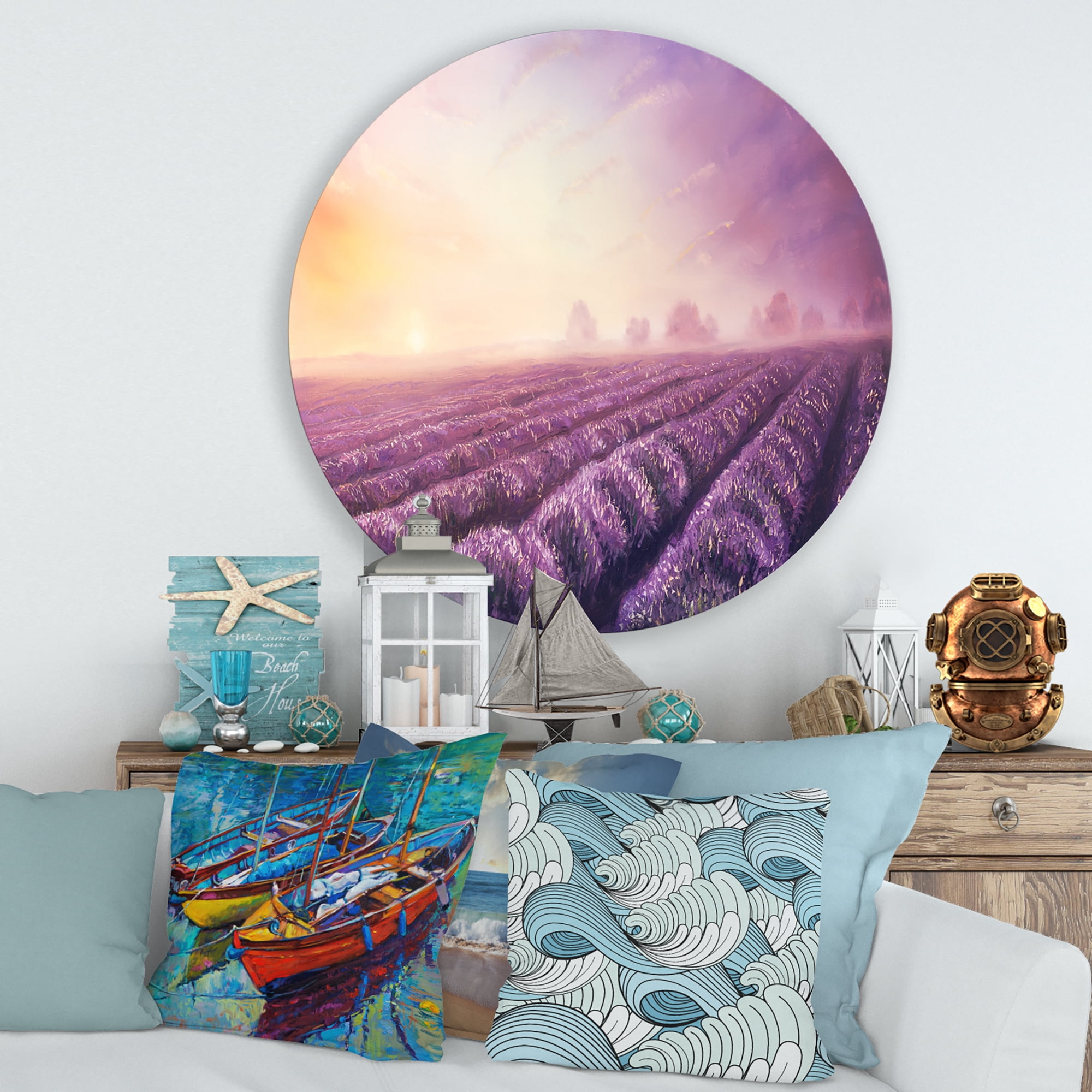 Designart 'Lavender Fields During Sunrise' Modern Circle Metal Wall Art 36x36 - Disc of 36