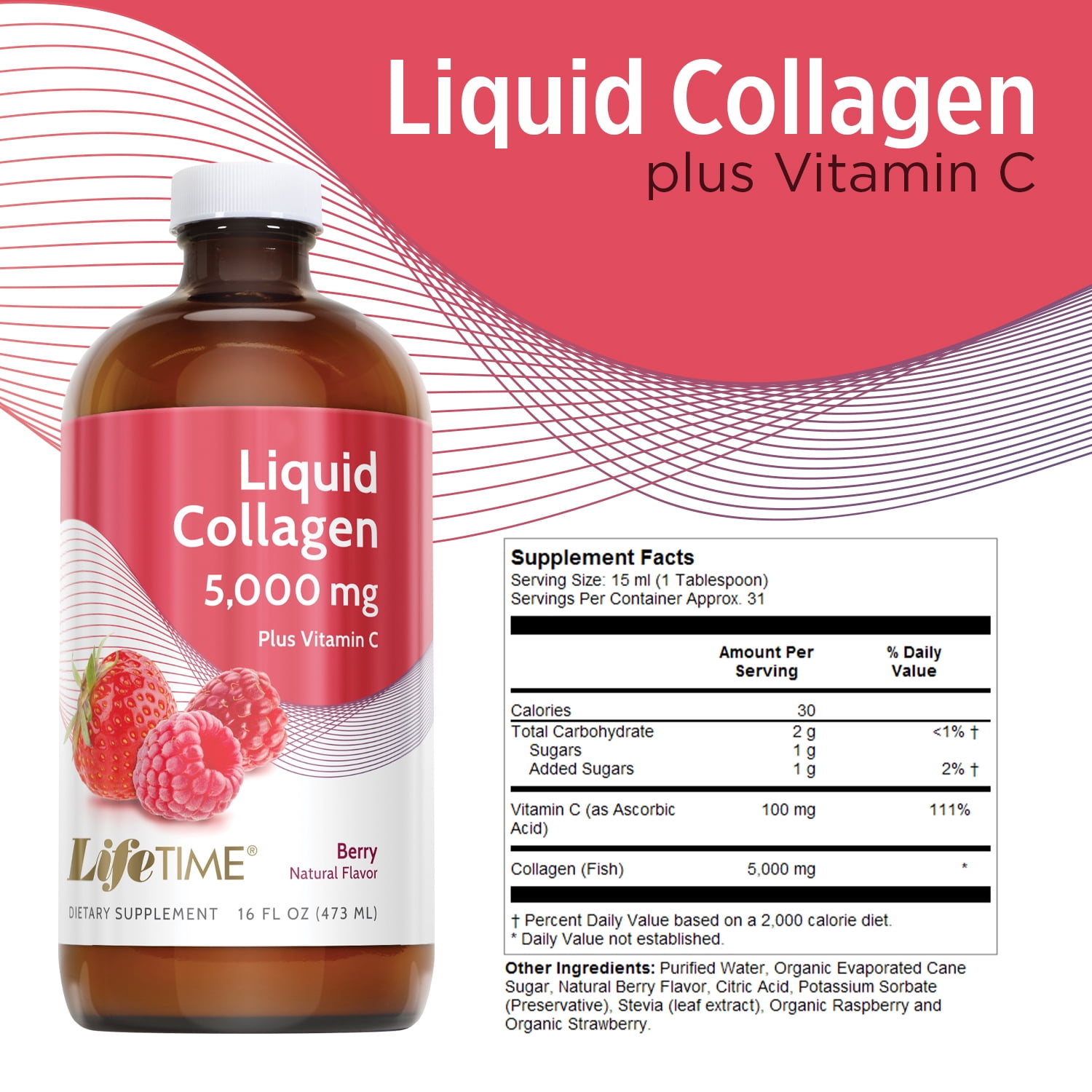 Lifetime Liquid Collagen 5000mg W Vitamin C Supports Skin Hair Joint Bone Health Berry Flavor 16oz 31 Serv Walmart Com Walmart Com