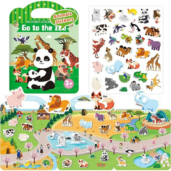 NOGIS 3D Sticker Scenes Book for Kids,Reusable Jelly Stickers for Toddlers, Sticker Game Educational Sensory Learning Toy, Party Supplies Birthday Gift (Go to the Zoo)