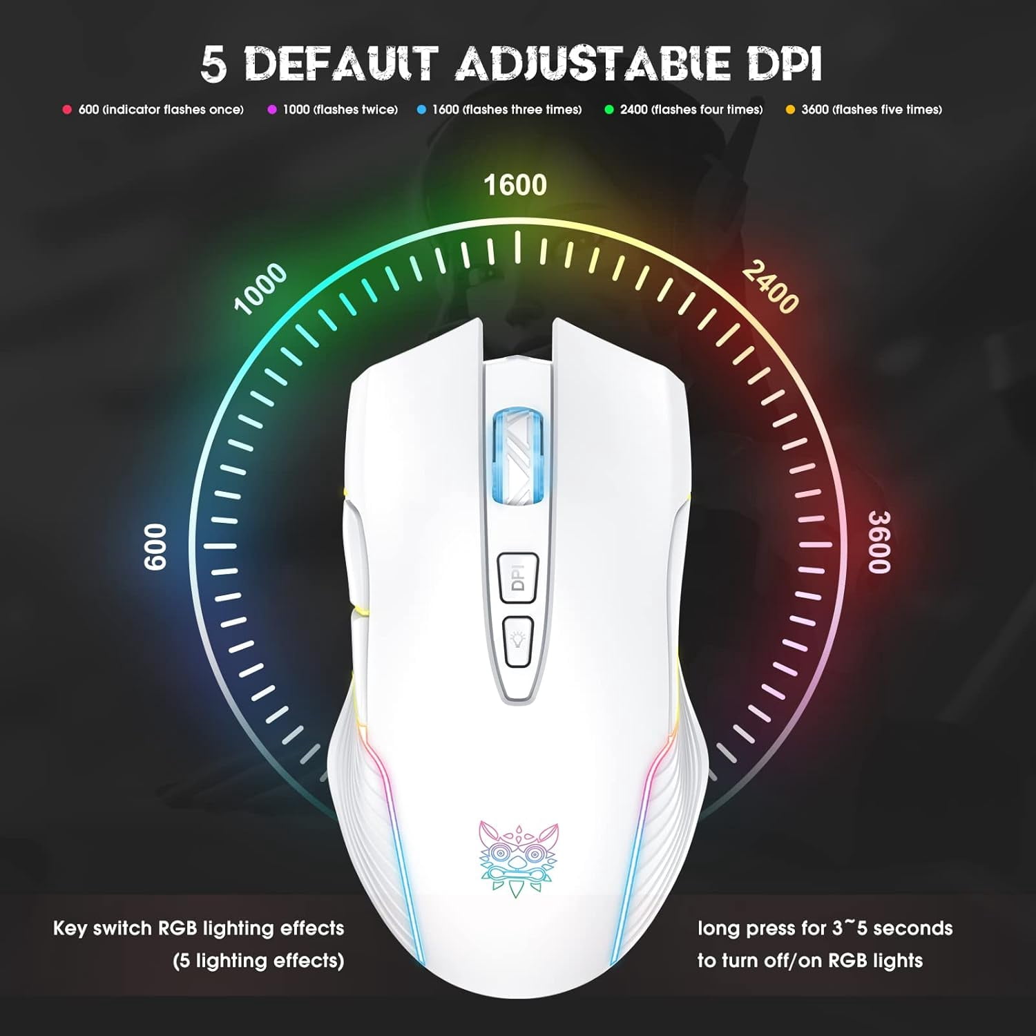 Rechargeable Wireless Gaming Mouse, Ergonomic RGB Computer Mouse with 2.4G Receiver, RGB Backlight, Adjustable DPI Up to 3600, 7 Buttons (Not Programmable) for Windows Vista Linux (White)