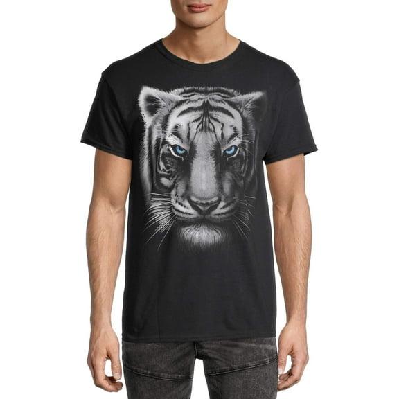 Teelocity Men's Black and White Tiger Head Black Relaxed Fit Short Sleeve Graphic T-Shirt