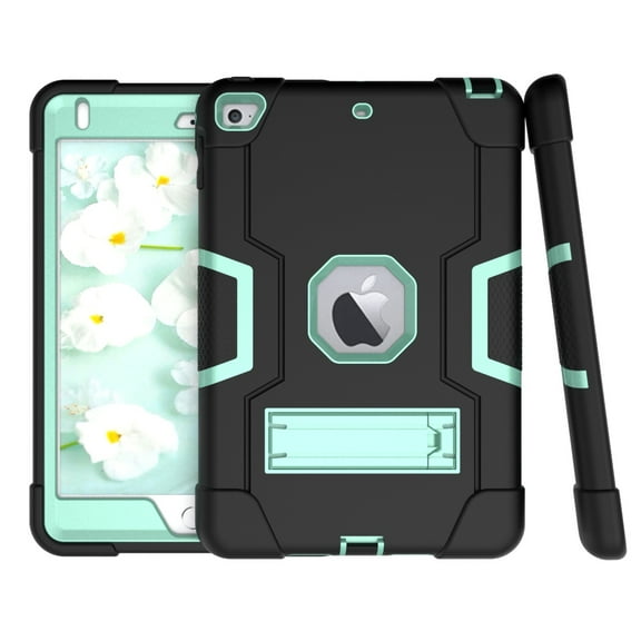 iPad Mini 5 Case (2019) Shockproof, iPad Mini 4 Case, Allytech Silicone Kickstand Heavy Duty Protective Hybrid Bumper Toddler Children Proof Back Cover for Apple iPad Mini 5/ Mini 4, Black/Mint