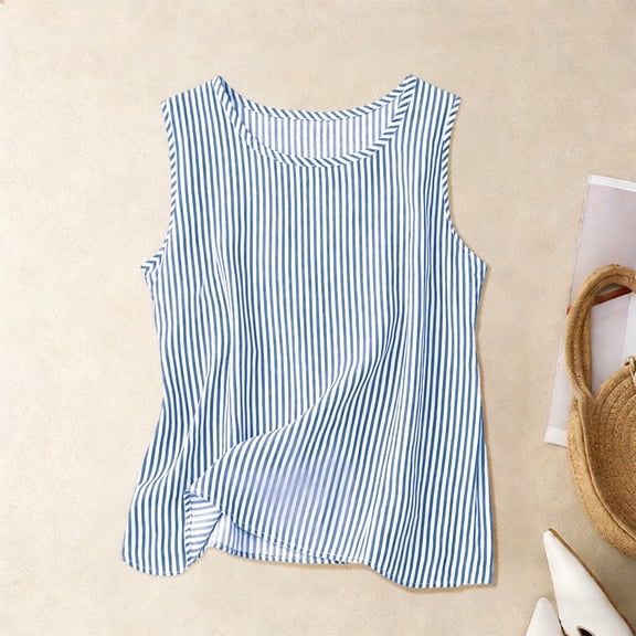 Vivianyo HD Women's Vertical Striped Round Neck Sleeveless Tank Top, Casual Flowy Chiffon Summer Vest Top, Women's Blue, Sizes S-3XL
