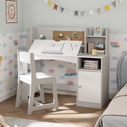 Reasea Kids Study Desk and Chair Set with Tiltable Desktop, Hutch & Storage - Wooden Writing Table for Ages 5-12, Grey