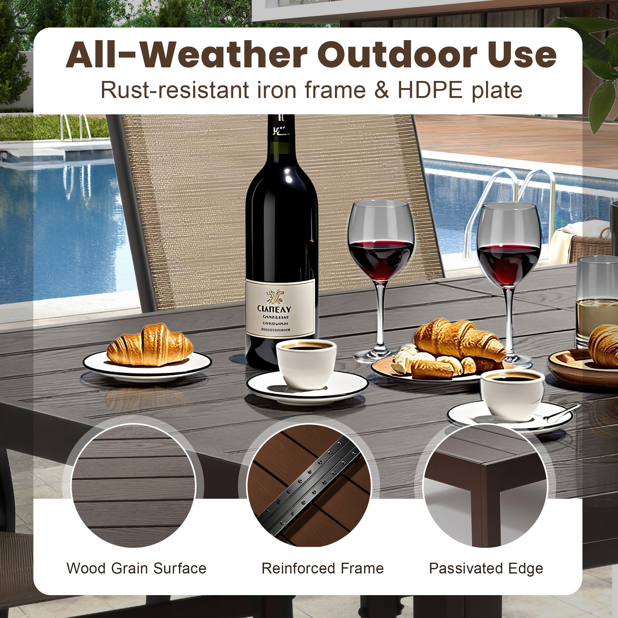 7-Piece Outdoor Dining Table Set, Patio Dining Table Set for 6, Patio Furniture Outdoor Table and Textilene Chairs, HDPE Tabletop, Reinforced Frame, Brown