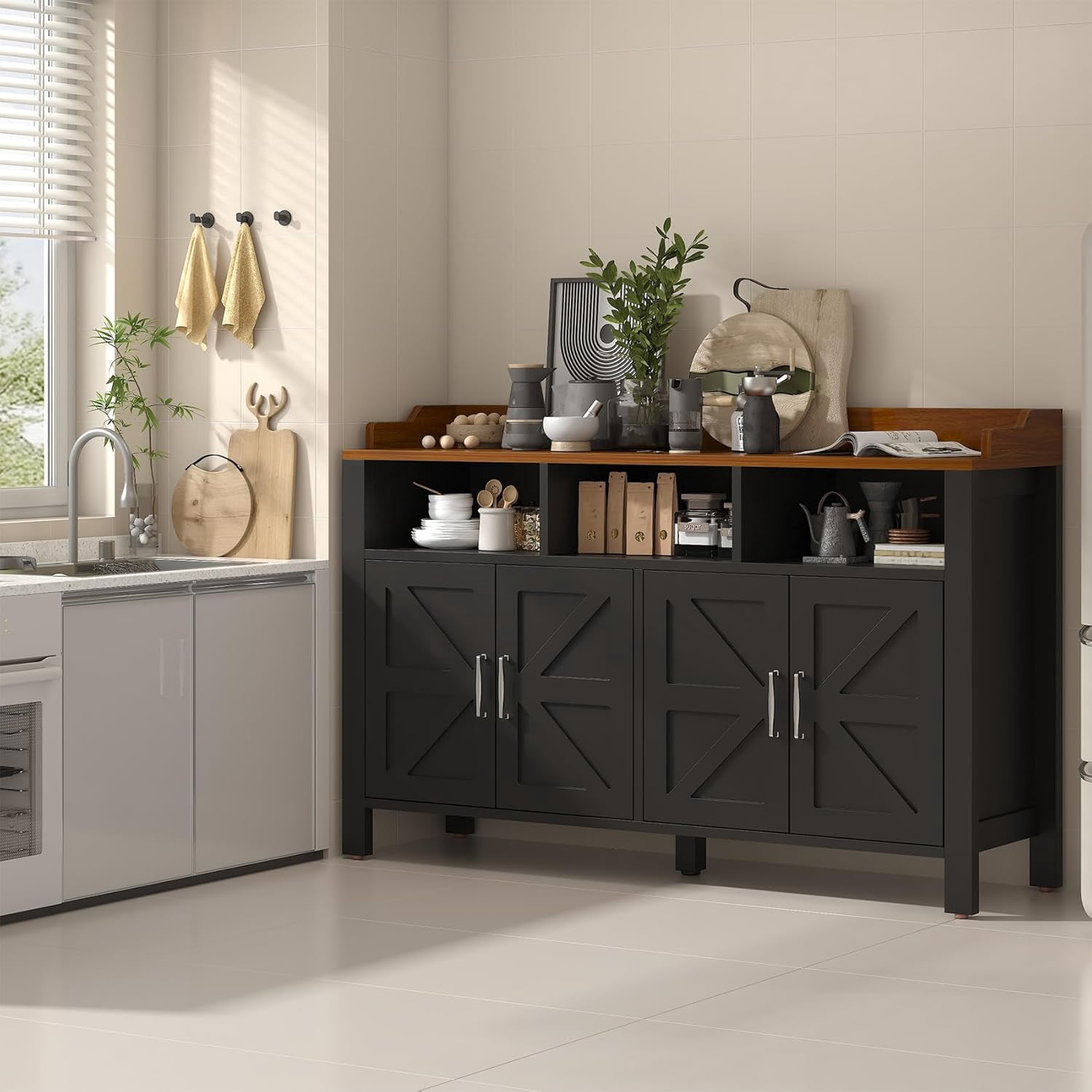 HAUXITIO 55" Farmhouse Buffet Cabinet with 4 Doors & Open Shelves,Kitchen Storage Sideboard for Dining Room & Living Room,Black