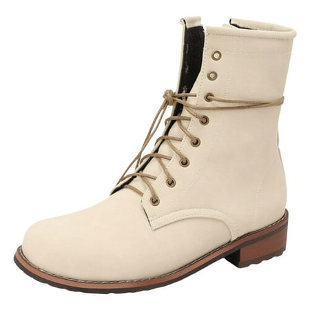 OJSFQUFP Ankle Boots for Women Women Ankle Boots Fashionable New Pattern Simple Solid Color Retro Lace Up Flat Bottom Round Toe Comfortable and Casual Gothic Shoes for Women Beige 40