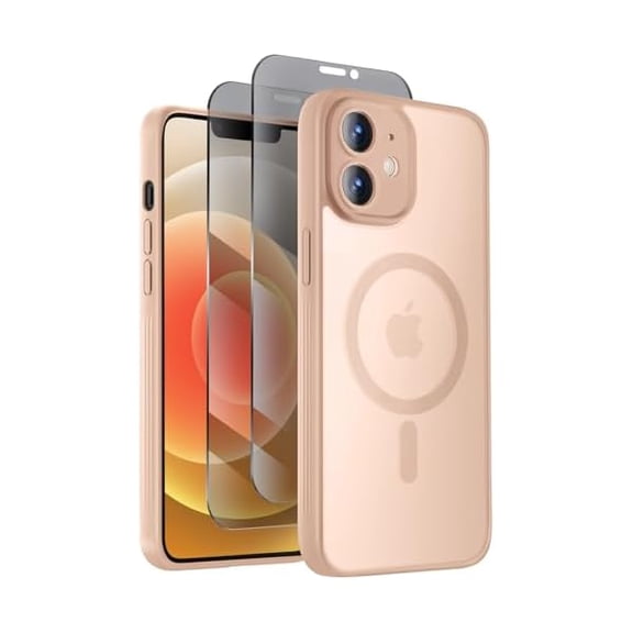 Eryueer Designed for iPhone 12 Case, Compatible with MagSafe, with Privacy Screen Protectors X2, [Camera Protection] [15FT Military Drop Protection] Shockproof Phone Case, 6.1", Light Brown