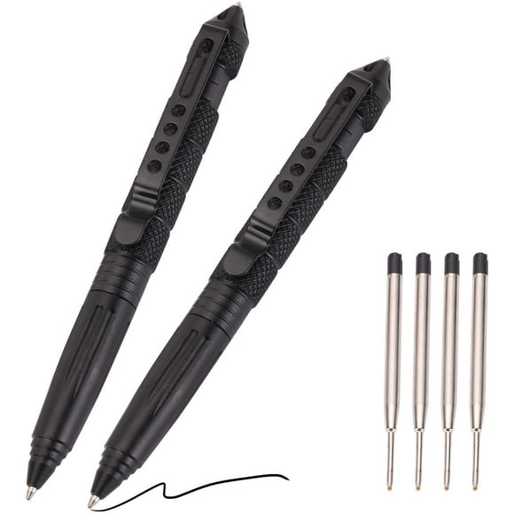 2 Pack Military Tactical Pen Set, with 6 Black Ballpoint Refills for Writing, Made of Tungsten Steel & Aluminum (Black, Pack of 2) ¡