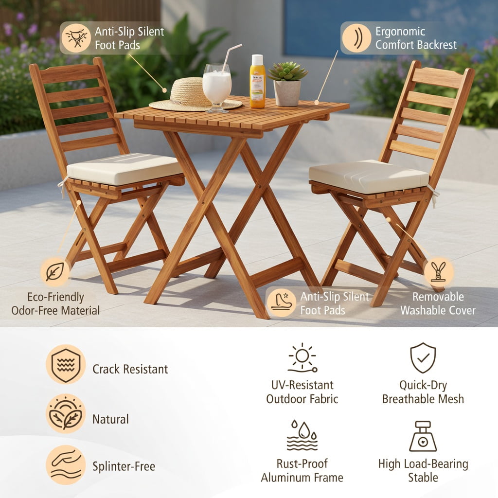 Hommoo Acacia Wood Folding Chair and Table Set with Cushions, 2 Chairs + 1 Table, Outdoor Patio Furniture for Backyard, Balcony & Poolside, White