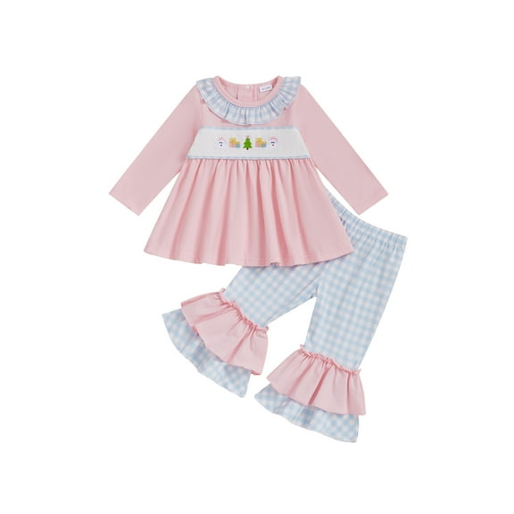 BemeyourBBs Toddler Baby Girl Bell Bottom Set Long Sleeve Ruffled Tops Plaid Pants