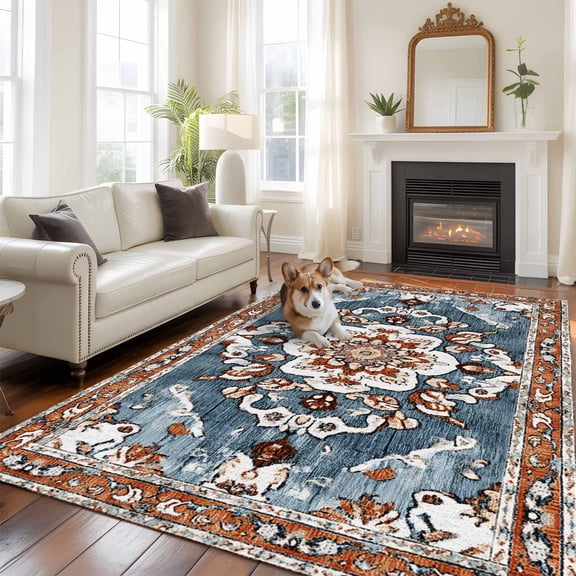 5'x8' Area Rugs, Blue Bohemian Indoor Outdoor Area Rug for Living Room Bedroom, Retro Pattern Oriental Farmhouse Ethnic Washable Bathroom Rugs Kitchen Floor Carpet Mats Home Decor Aesthetic