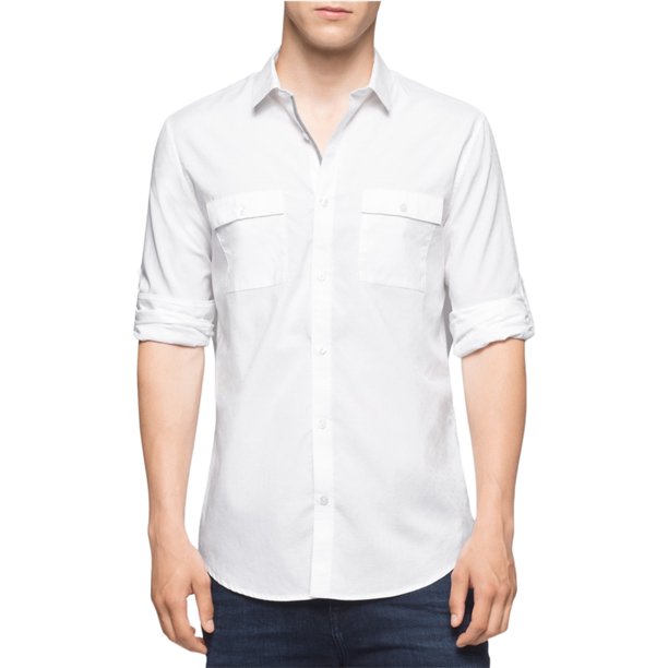 Calvin Klein - Camisa de manga larga con dos bolsillos para hombre, color blanco, grande