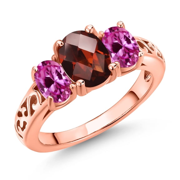 Gem Stone King 18K Rose Gold Plated Silver Red Garnet and Pink Created Sapphire Filigree Style 3 Stone Ring for Women (2.53 Cttw, Oval 8X6MM and 6X4MM) (Size 6)