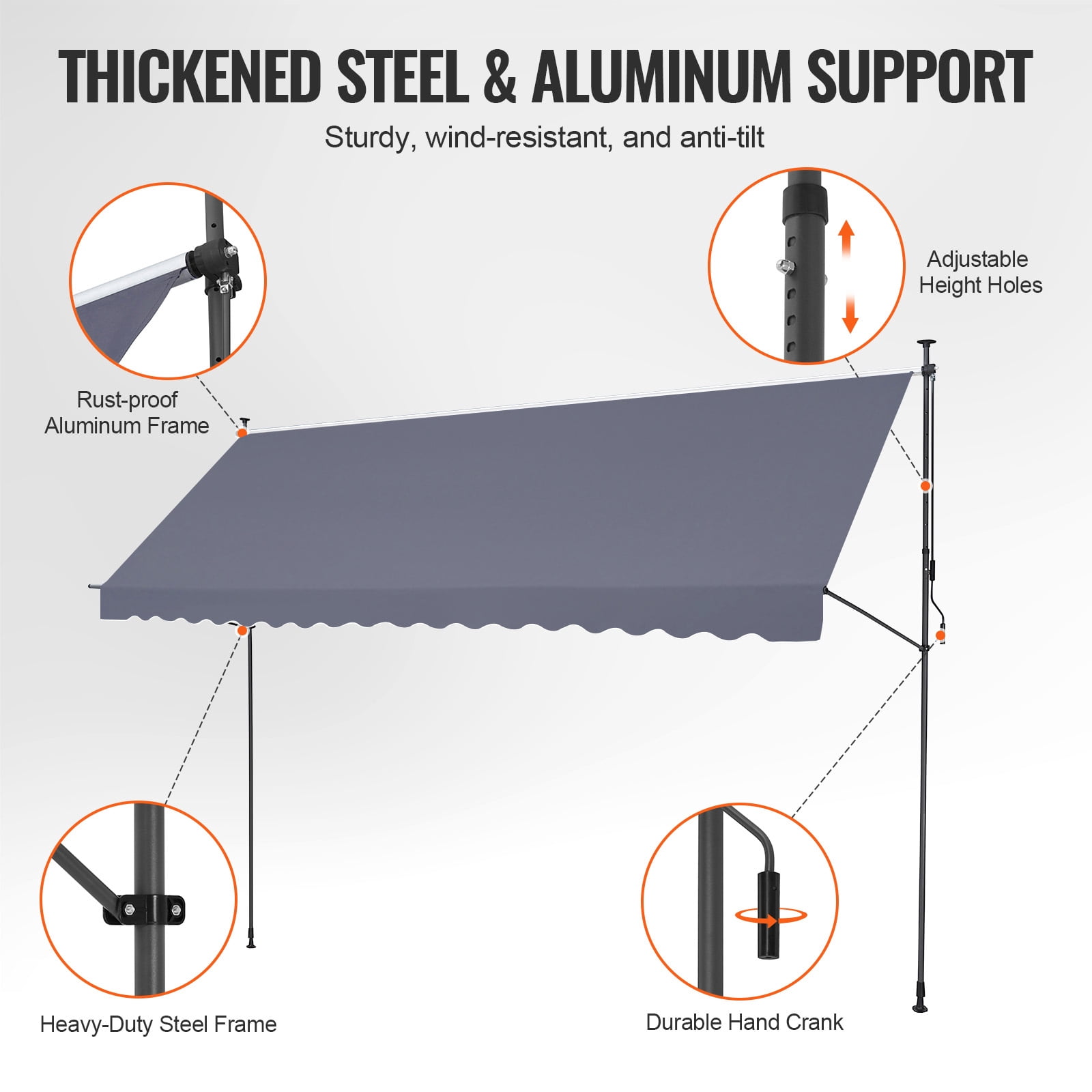 KFFKFF 178 x 47" Retractable Patio Awning, Manual Crank Handle Sunshade Shelter, Outdoor Canopy for Deck, Adjustable Height Ranging 86 to 122 in, Suitable for Patio/Balcony/Yard, Dark Gray