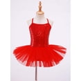 thumbnail image 3 of LiiYii Little Girl Sequined Camisole Ballet Tutu Dress Mesh Skirted Leotard with Hair Tie Ballerina Outfit Red M, 3 of 6