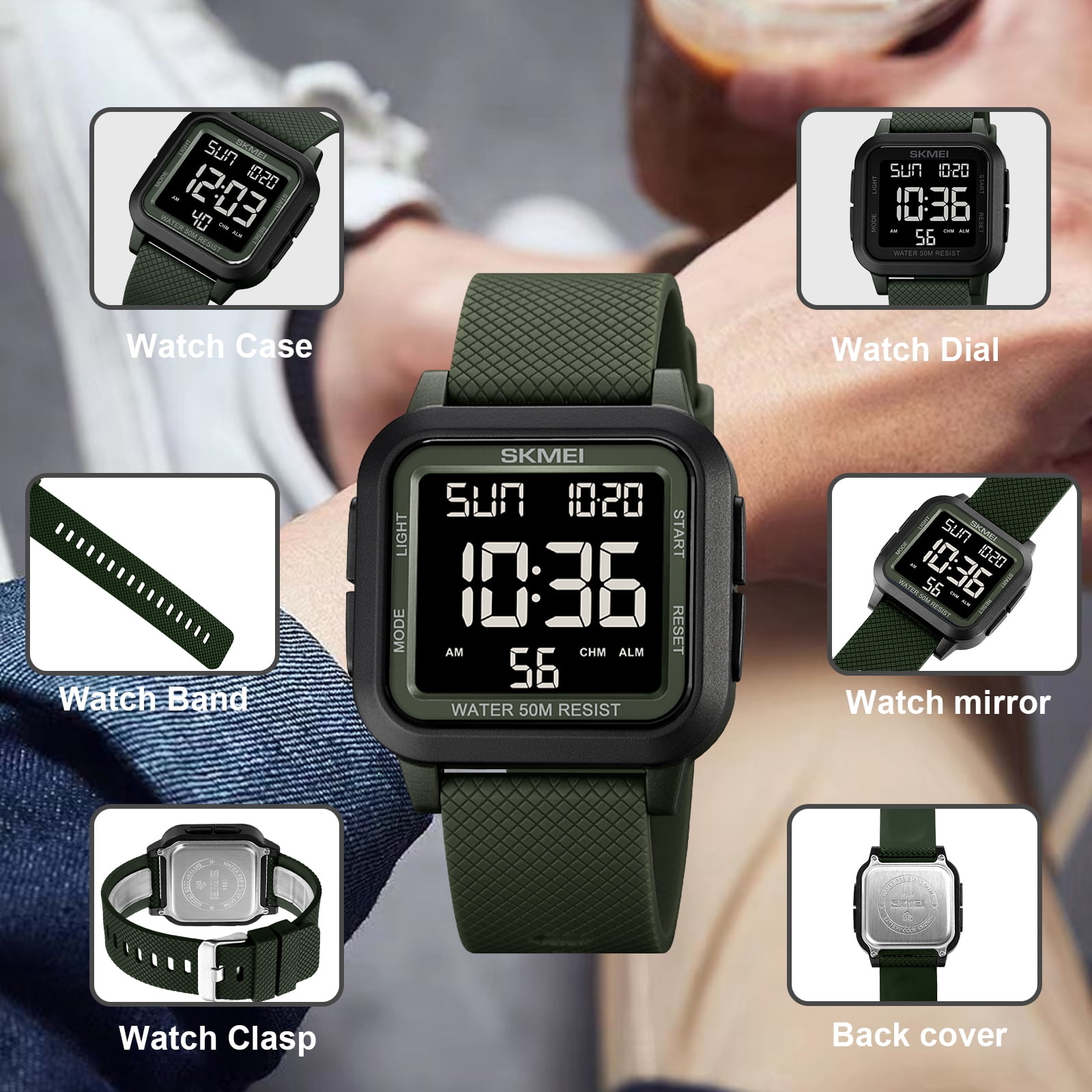 SKMEI Men Digital Sports Watch Ultra-Thin Large Face Waterproof Wrist Watches for Men with Stopwatch Countdown Timer Alarm Function Dual Time LED Back Light