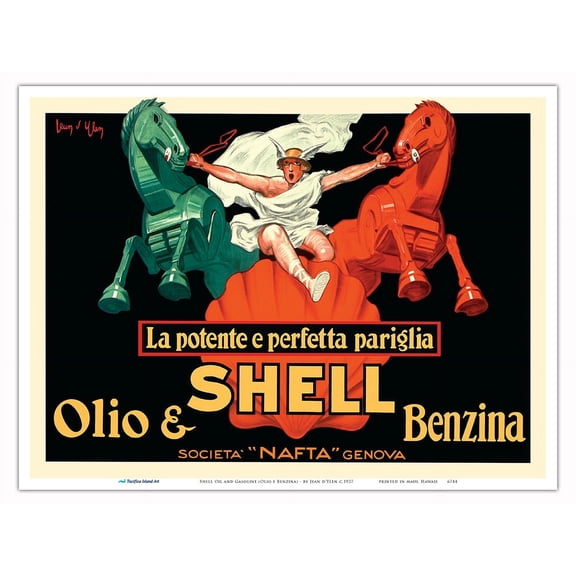 Shell Oil and Gasoline (Olio e Benzina) - The Powerful and Perfect Match - Vintage Italian Advertising Poster by Jean d'Ylen c.1927 - Master Art Print (Unframed) 9in x 12in