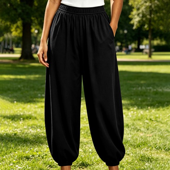 Oiangi Women's Joggers Elastic Waist Cinch Bottoms Barrel Pant Fall Baggy Solid Running Trousers with Pockets Black 2XL