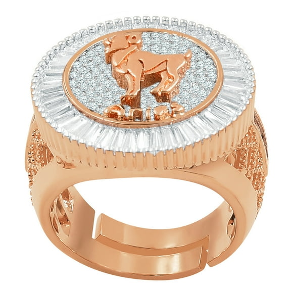 Mens 14K Rose Gold Finish Baguette/Round Cut Simulated Diamond Aries Ram Zodiac Sign Astrology Ring Band