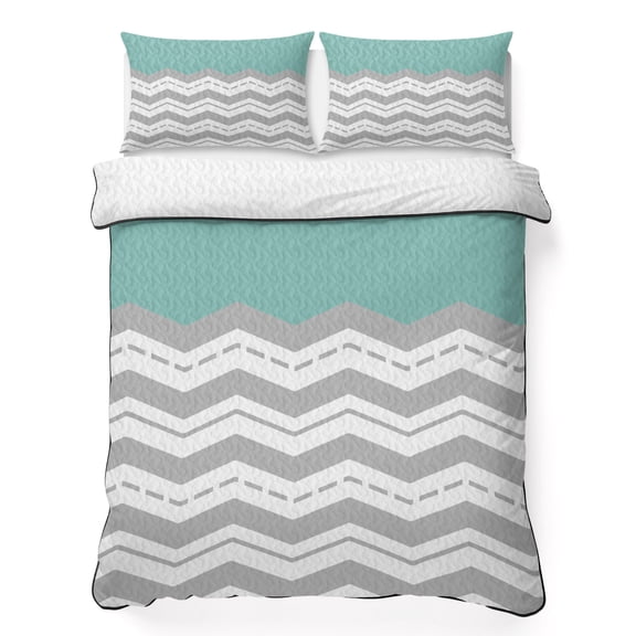 King Quilt Bedding Set, Gray Ripple Zigzag Chevron 3 Piece Bedding Set Lightweight Breathable Quilt with 2 Pillow Shams, Teal Watercolor Soft Microfiber Summer Comforter for Hot Sleepers