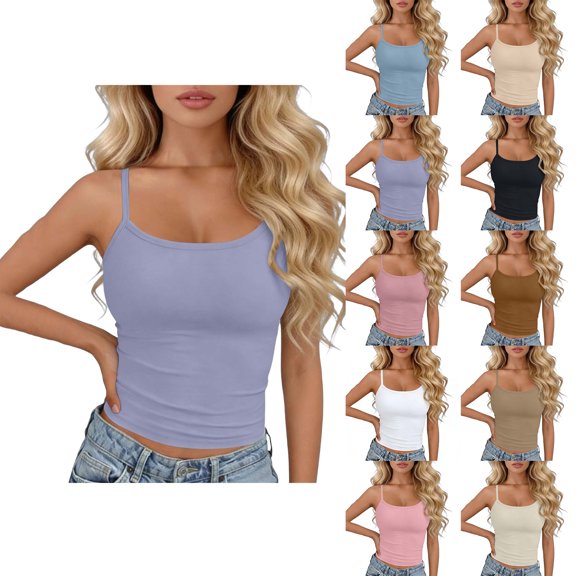 Spaghetti Strap Tank Top Zaewscy Fashion Women's Summer Sleeveless Round-Neck Comfy Solid Regular Tank Tops Purple Free Size