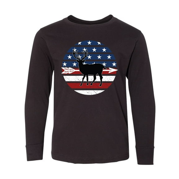 Inktastic Deer Bow Hunting USA Flag Long Sleeve Youth T-Shirt