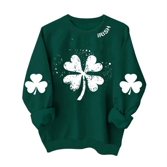 Maqroz Women's St Patricks Day Sweatshirt Distressed White Clover Graphic Pullover Dark Green Crewneck Top with Irish Sleeve Print Green,XS