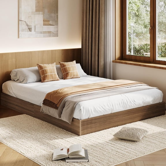 Wood Bed Frame, Wooden Platform Bed with Fluted Design, California King Bed Frame with Study Support, Easy Assembly, No Box Spring Needed, Noise Free, Walnut