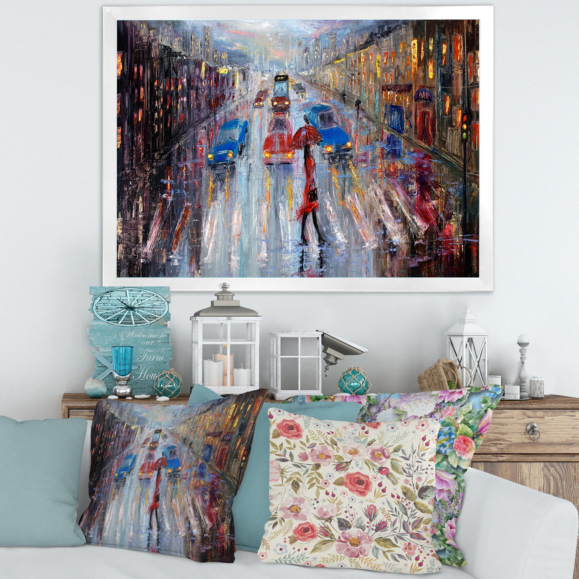 Designart 'Girl In Red Crossing The Street' Traditional Framed Art Print