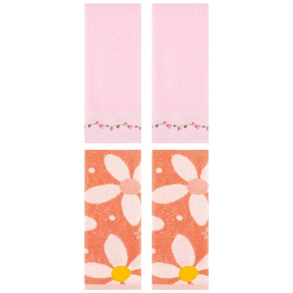 Unique Bargains 4 Pcs Floral Soft Hand Towels 13 x 29 Inch Orange/Pink
