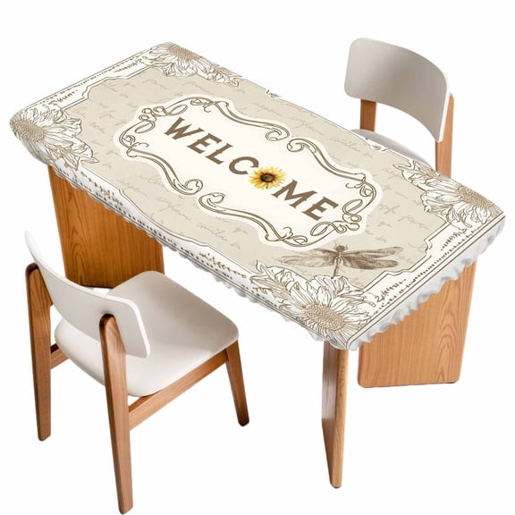 Vintage Sunflower Table Cloths for 3 Foot Rectangle Tables, Welcome Retro Art Floral Patio Waterproof Elastic Fitted Tablecloths, Washable Rectangular Table Cover for Camping