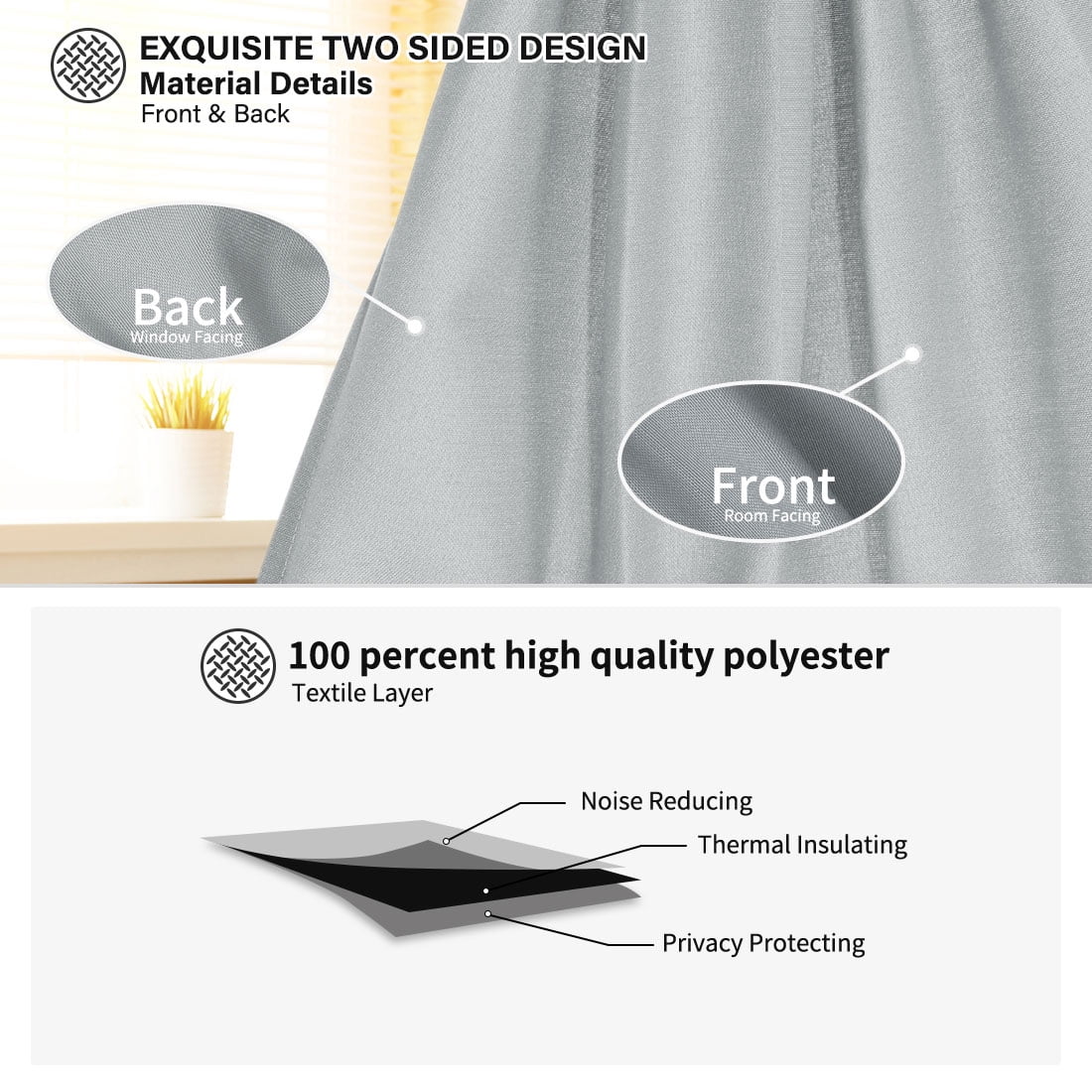 Unique Bargains French Door Window Blackout Curtain Panel Gray 54" x 40"