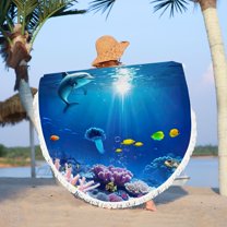 Summer Beach Vacation Essentials Djunllk Round Beach Towel - Ocean Theme Oversized Microfiber Excellent Softness Beach Blanket Waterproof Sandproof Towel Shawl for Women Adult Swim Pool Yoga