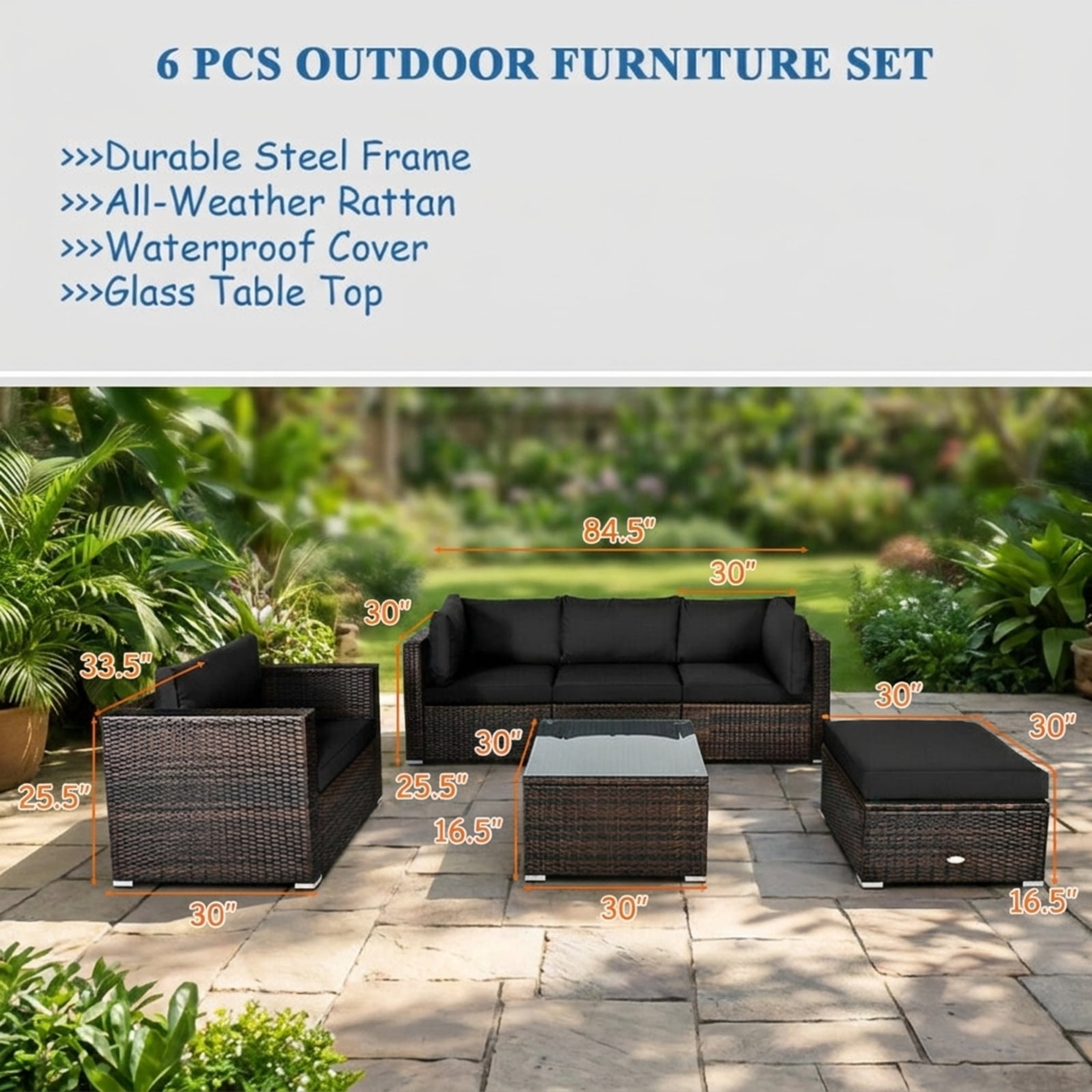 Furnibear 6 Piece Patio Furniture Set Outdoor Sectional Sofa PE Wicker Conversation Set with Glass Table and Cushions for Backyard, Black