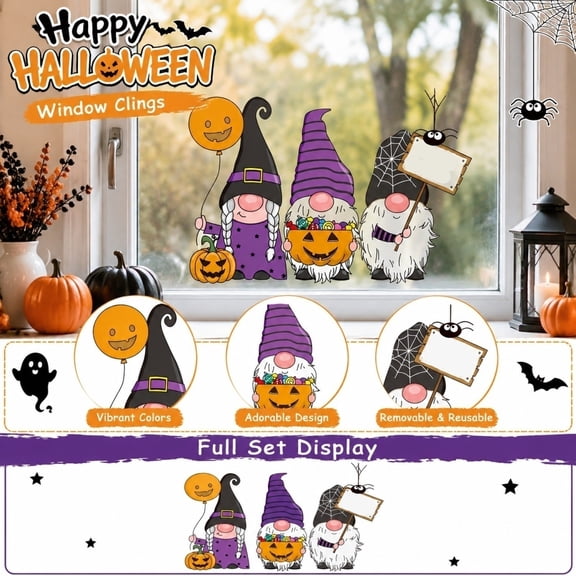 SugarBloom Halloween Window Clings Pumpkin Witch Hat - Gnome Static Decals Removable Glass Decor for Home, Family, and Halloween Party