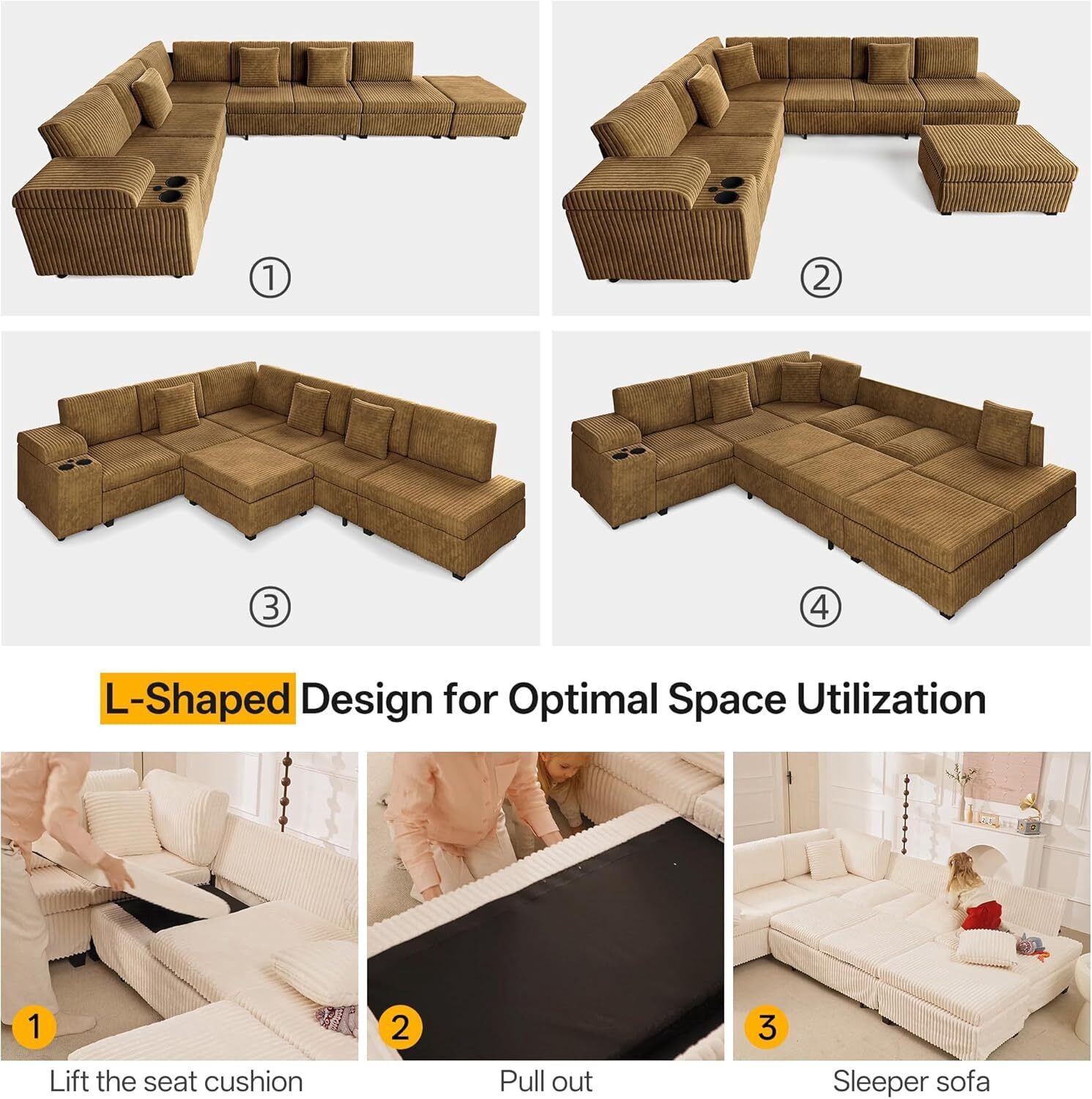 Sectional Sleeper Sofa with Pull Out Bed,110" L-Shaped Modular 6-Seater Cloud Sectional Couch,Convertible Corduroy Sofa for Living Room,Ottoman with USB Charging Ports & Cup Holders,Camel