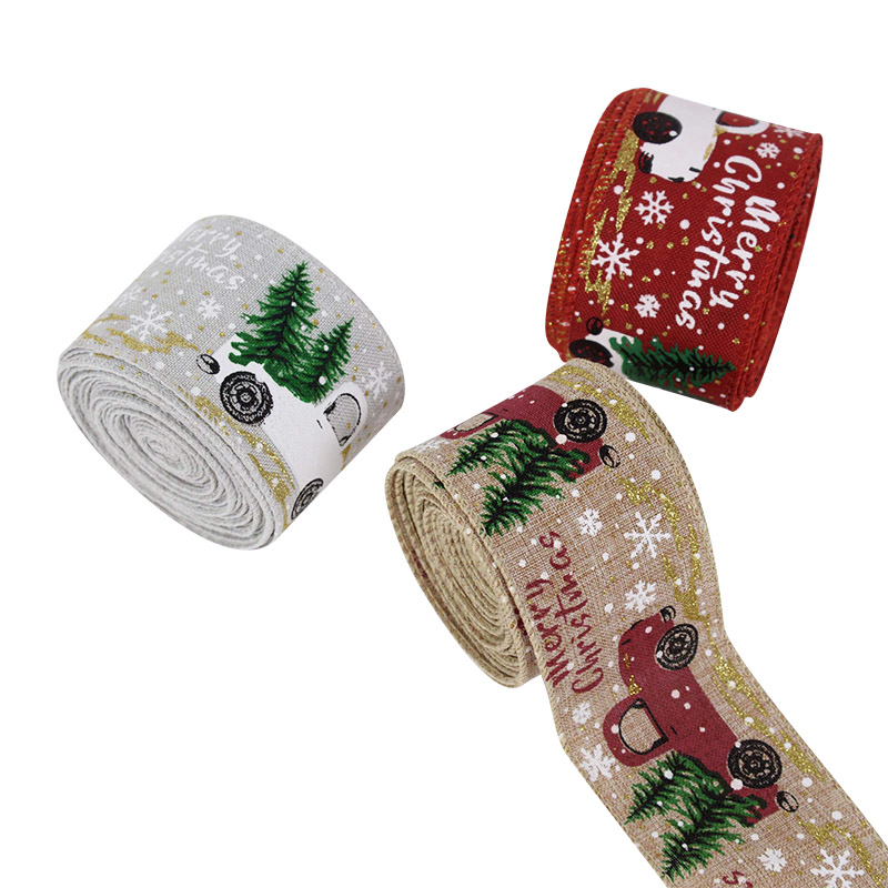 5m/roll Merry Christmas Tree Car Elk Printed Burlap Ribbons For Gift Wrapping Xmas New Year Decoration Handmade Wreath Bows